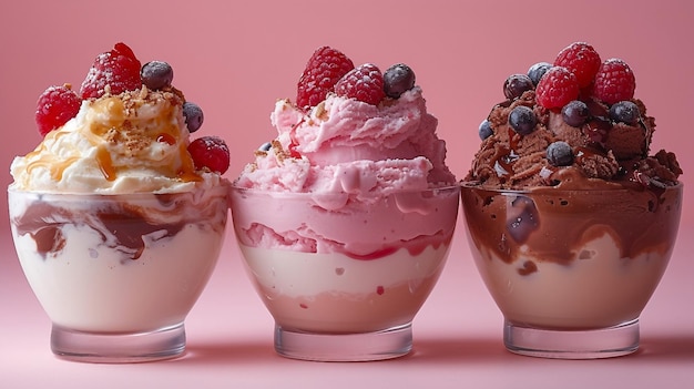 Gourmet ice cream sundae z warstwami różnych dodatków AI generuje ilustrację
