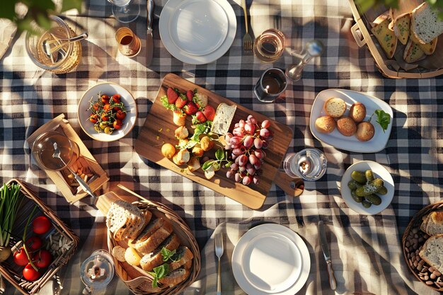 Gourmet piknik rozłożony na kwadratowym koce