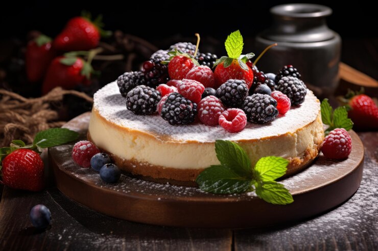 Zdjęcie gourmet sernik kremowy sernik z polski pięknie prezentowany ze świeżymi jagodami