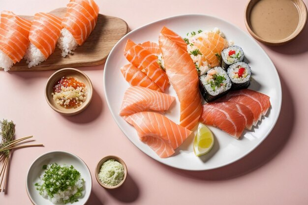 Gourmet świeżych owoców morza z Sushi Sashimi i Wasabi przez Generative AI