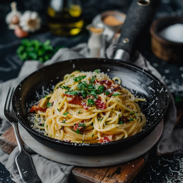 Gourmet włoska makaron Carbonara z chrupiącym bekonem i parmesanem na ciemnym tle