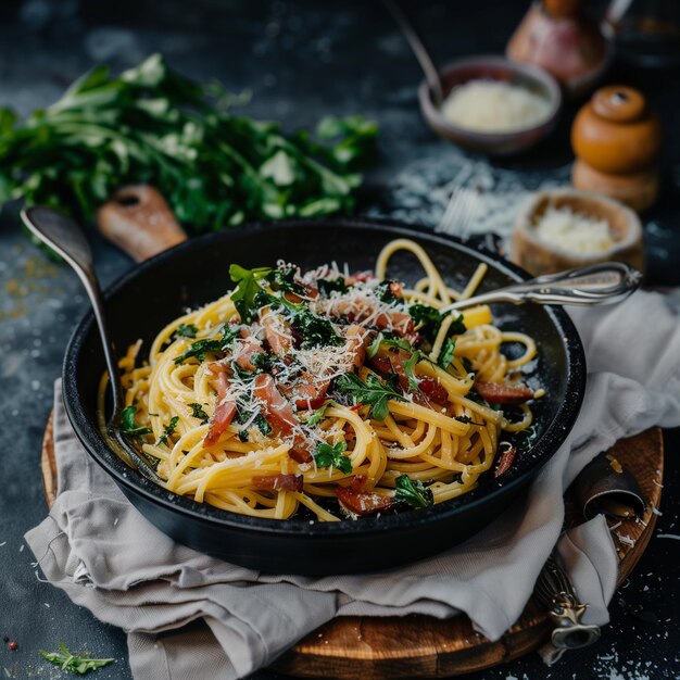 Gourmet włoska makaron Carbonara z chrupiącym bekonem i parmesanem na ciemnym tle