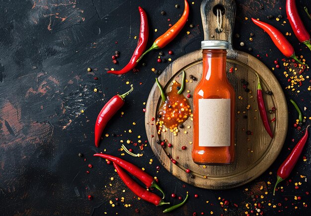 Zdjęcie gourmetowy gorący sos w szklanej butelce otoczony świeżymi i suszonymi chili, przyprawami i ziołami na wiejskiej drewnianej desce