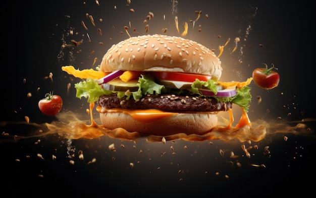 Gourmetowy pikantny cheeseburger na czarnej powierzchni