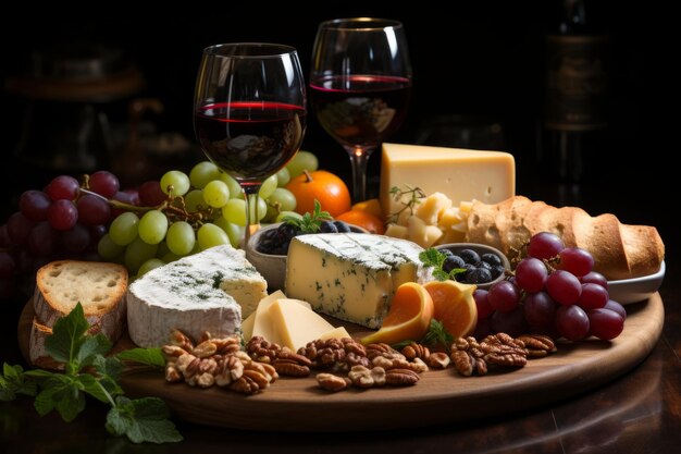 Gourmetowy talerz z serem i winem Generative AI