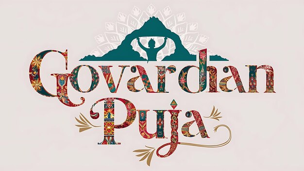 Zdjęcie govardhan puja napisana nad sylwetką krsny podnoszącej wzgórze typografia