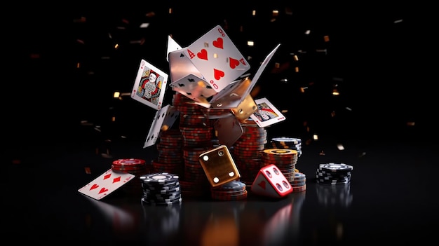 Gra karciana w kasynie z żetonami i kostkami na ciemnym czarnym tle Latające karty do kasyn online i mobilnych aplikacji hazardowych koncepcja bogactwa zwycięzcy pokeraGenerative ai