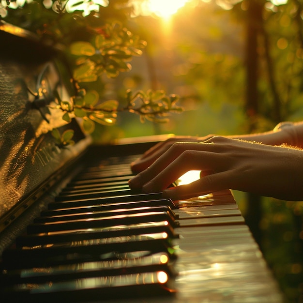 Zdjęcie gra na pianinie na świeżym powietrzu o zachodzie słońca