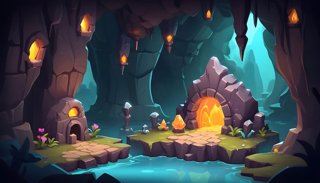 Gra platforma kreskówka podziemna jaskinia fantasy świat krajobraz 2D UI projektowanie dla PC lub telefonu komórkowego