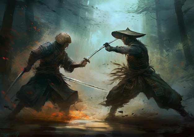 Gra w samuraja i mężczyznę w kapeluszu na głowie walczą.