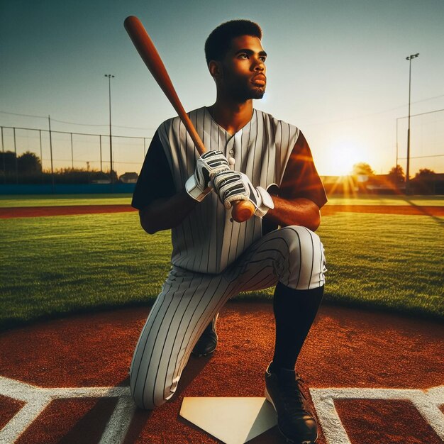 Gracz baseballu z kijem na ciemnym tle Portret gracza piłki nożnej