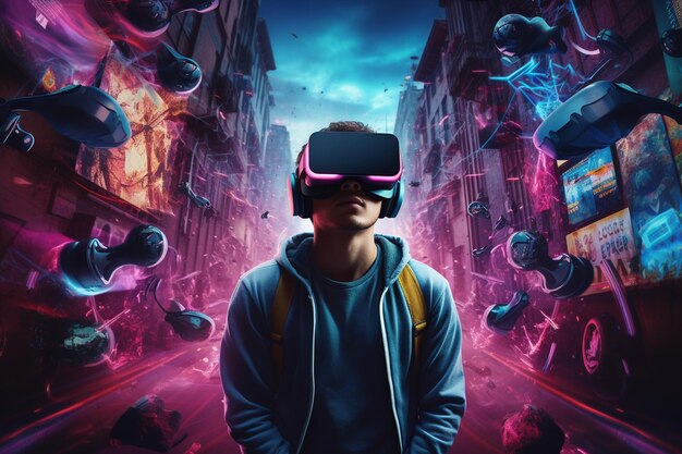 Gracz eksplorujący gry wideo w wirtualnej rzeczywistości w studiu generatywnym AI