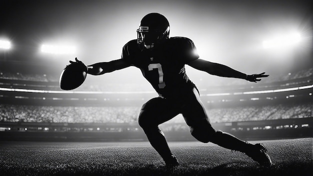 Zdjęcie gracz futbolu amerykańskiego w akcji na białym tle na czarnym tle wygenerowanym przez sztuczną inteligencję