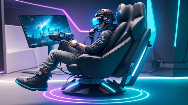Gracz siedzący na krześle wirtualnej rzeczywistości podłączony do całej konsoli do gier