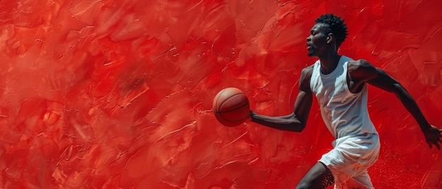 Gracz w koszykówkę biegnie na czerwonym tle