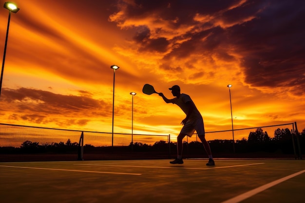 Gracz w pickleball w akcji podczas dramatycznego meczu o zachodzie słońca