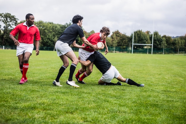 Gracze rugby walczą podczas gry