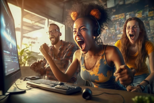 Gracze w gry wideo świętują zwycięską grę Stworzony przy użyciu generatywnej technologii sztucznej inteligencji