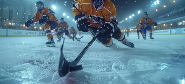 Gracze w hokeja na lodzie w szybkiej grze na lodowisku intensywnej akcji
