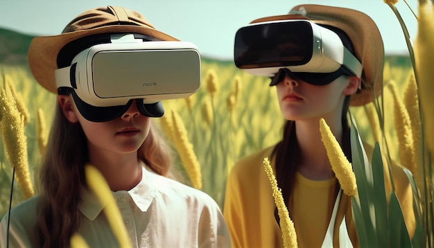 Gracze wirtualnej rzeczywistości noszący trawy VR Futurystyczne technologie cyfrowe i symulacja wirtualnej rzeczywistości Generacyjna sztuczna inteligencja