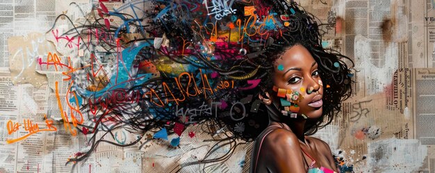 Zdjęcie graffiti i kolorowe napisy pokrywają ciało wspaniałej czarnej kobiety z dzikimi włosami