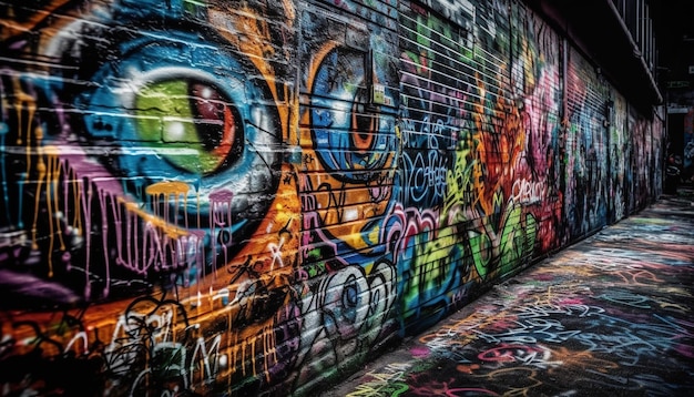 Graffiti na brudnej ścianie stacji metra oświetlone żywymi kolorami generowanymi przez sztuczną inteligencję