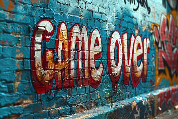 Graffiti na ceglanej ścianie z słowami GAME OVER