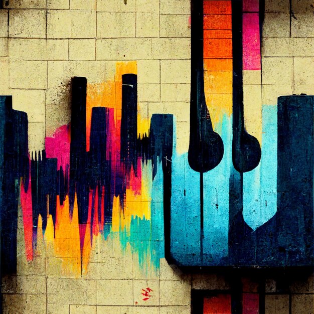 graffiti na ścianie z fortepianem i panoramą miasta generatywny ai