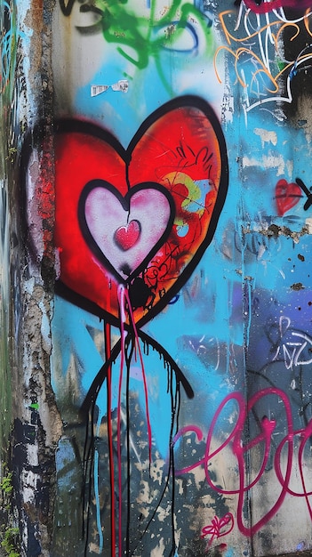 Graffiti z zakochaną parą i sercem na starych ścianach