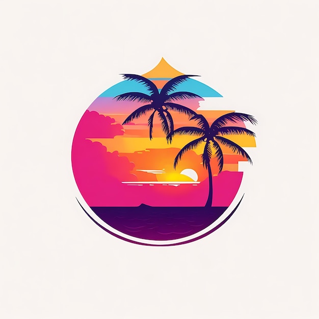graficzna ilustracja logo Hawajski zachód słońca z palmami, białe, solidne tło