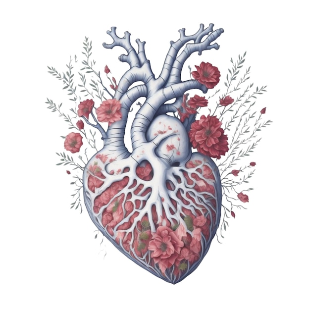 Graficzne ludzkie serce w kwiatach na białym tle