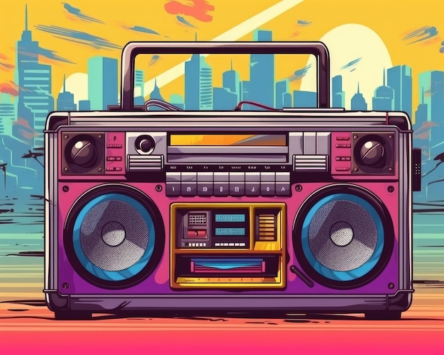 Graficzne tło przedstawia boombox na miejską imprezę muzyczną Ilustracja Generacyjna sztuczna inteligencja