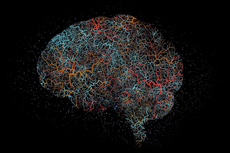 Zdjęcie graficzny neonowy wzór mózgu mózgu i cyfrowa ilustracja z hologramem naukowym i połączeniami umysłu czarne tło i ścieżka neuronauki systemu anatomii inteligencji i linii mózgowych