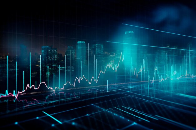 Graficzny projekt statystyczny diagram niebieskie oświetlenie neonowe z wskaźnikami finansowymi rynku akcji i inwestycji wygenerowanymi przez AI