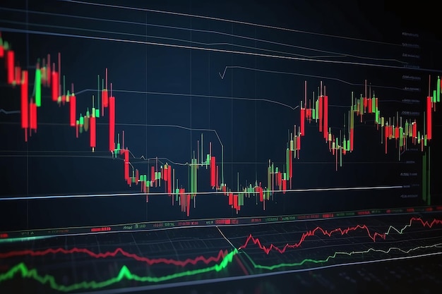 Grafik cen technicznych i wskaźnik czerwony i zielony wykres świec na niebieskim ekranie tematycznym