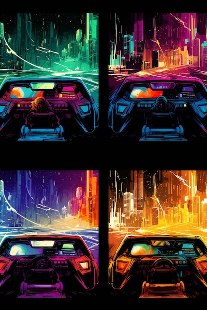 Grafika cyfrowa przedstawiająca samochód z neonowymi światłami z tyłu