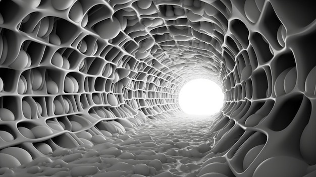 Zdjęcie grafika cyfrowa przedstawiająca szary betonowy tunel z metalową estetyką, tworząca wciągającą wizualnie i intrygującą kompozycję, która łączy w sobie elementy industrialne z poczuciem głębi i nowoczesności