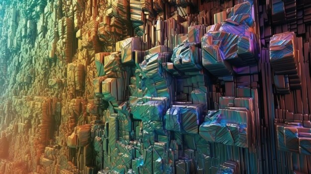 Grafika cyfrowa renderowania 3D opalizującej ściany skalnej bizmutu