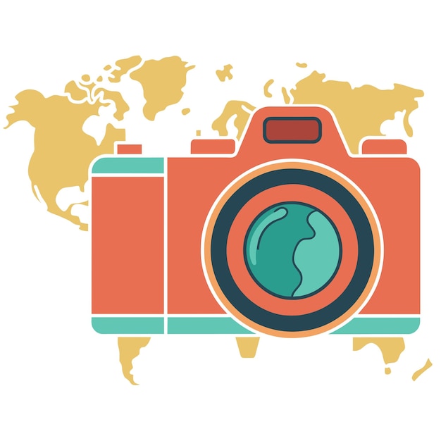 grafika dla podróżników kamera fotograficzna na tle mapy świata