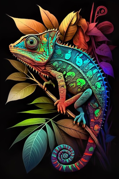 Grafika kameleona Projekt zwierząt dżungli z tropikalnymi liśćmi i gałęziami gadów