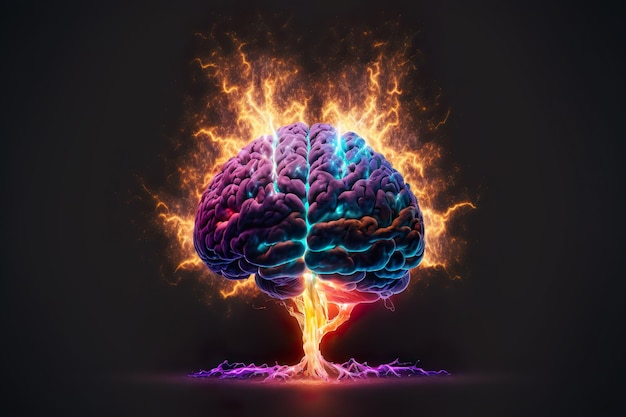 Grafika koncepcyjna ludzkiego mózgu eksplodująca wiedzą i kreatywnością neonową generatywną ai