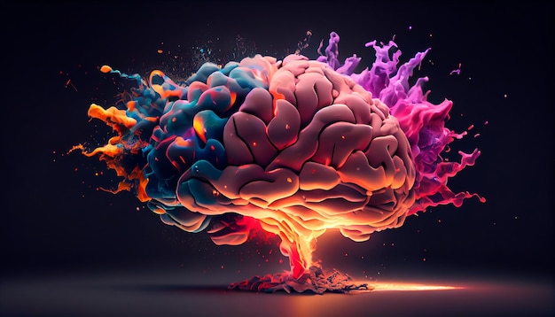 Grafika koncepcyjna ludzkiego mózgu eksplodującego wiedzą i kreatywnością generatywną ai