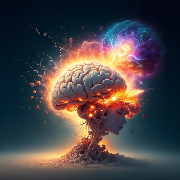 Grafika koncepcyjna ludzkiego mózgu eksplodującego wiedzą i kreatywnością generatywną ai