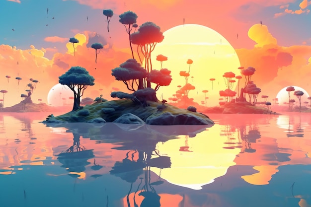 grafika koncepcyjna sceny zachodu słońca z małą wyspą pośrodku wody