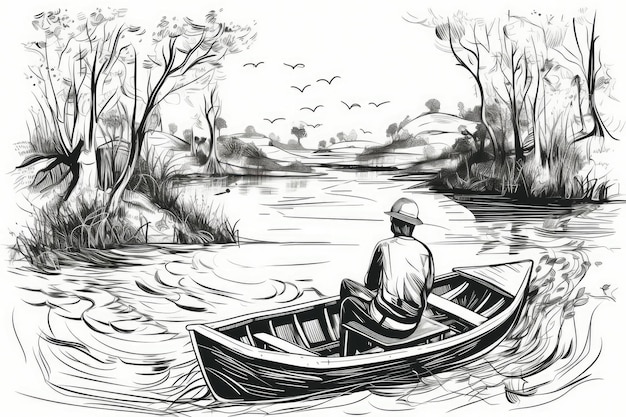 Grafika liniowa przedstawia mężczyznę w łodzi na rzece w Generative AI