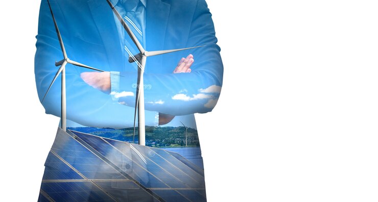 Zdjęcie grafika podwójnej ekspozycji ludzi biznesu pracujących nad farmą turbin wiatrowych i interfejsem pracownika zielonej energii odnawialnej