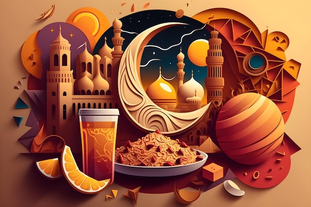 Grafika przedstawiająca jedzenie i księżyc z wizerunkiem księżyca i talerza z jedzeniem