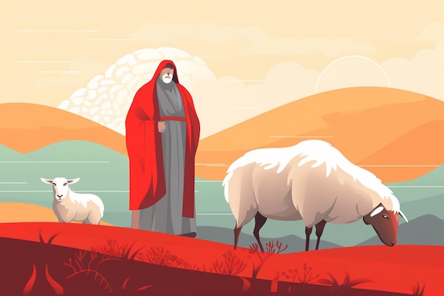 Grafika przedstawiająca owcę i mężczyznę stojącego przed górą