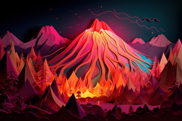 Grafika przedstawiająca wulkan z górą w tle.