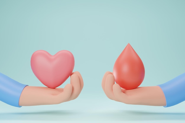 Grafika trójwymiarowa Dłoń trzymająca czerwony symbol krwi i różowe serce na niebieskim tle Koncepcja świadomości oddawania krwi